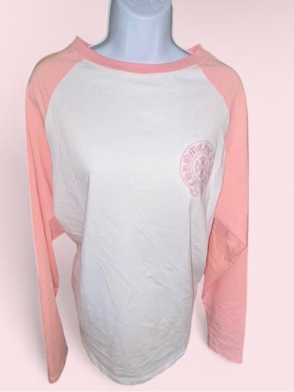 SOLD Chrome Hearts Long Sleeve Pink & White Baseball Tee Oversized Women’s M